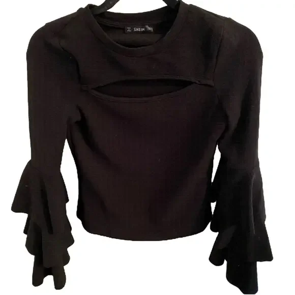 SHEIN Black Long Sleeve Top With Ruffles Sleeves • sz Small - Picture 1 of 4